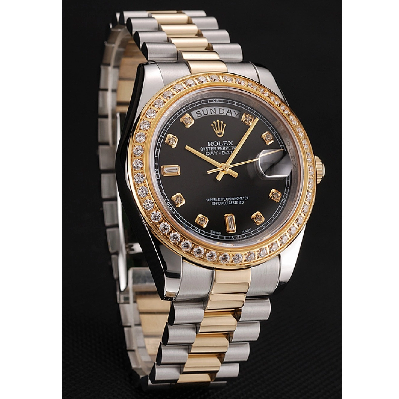 Aaa replica watch Dial Steel Gold Tone Swiss Bracelet Two 1453976 Stainless Rolex Case Diamond Day-Date Black 0726